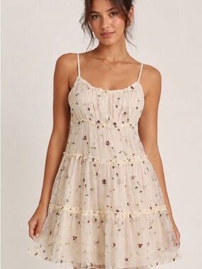 Delicate Cream Floral Spaghetti-Strap Mini Dress